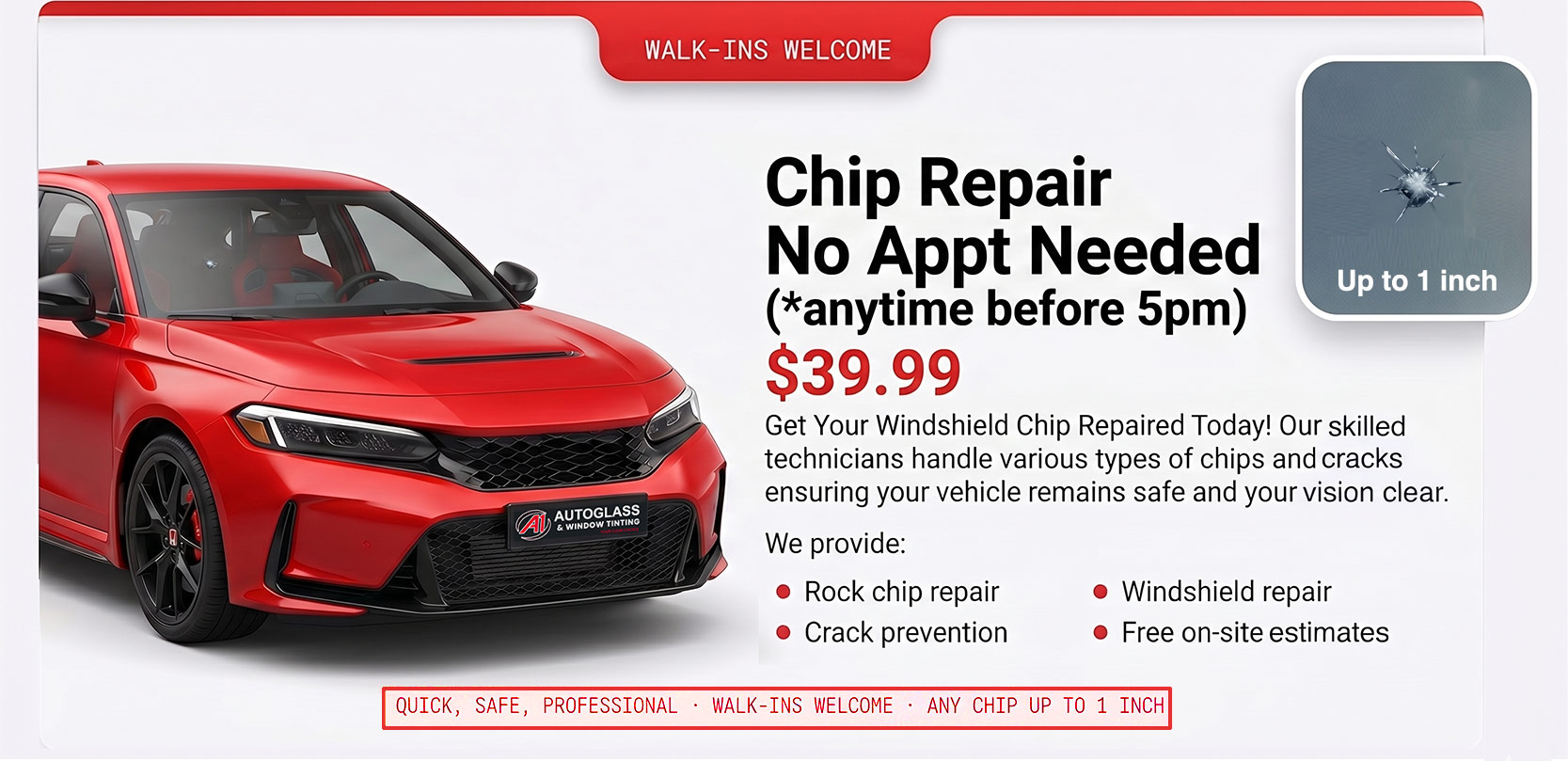 Windshield Chip Repair at A1 Auto Glass & Window Tinting — call 619-444-4004