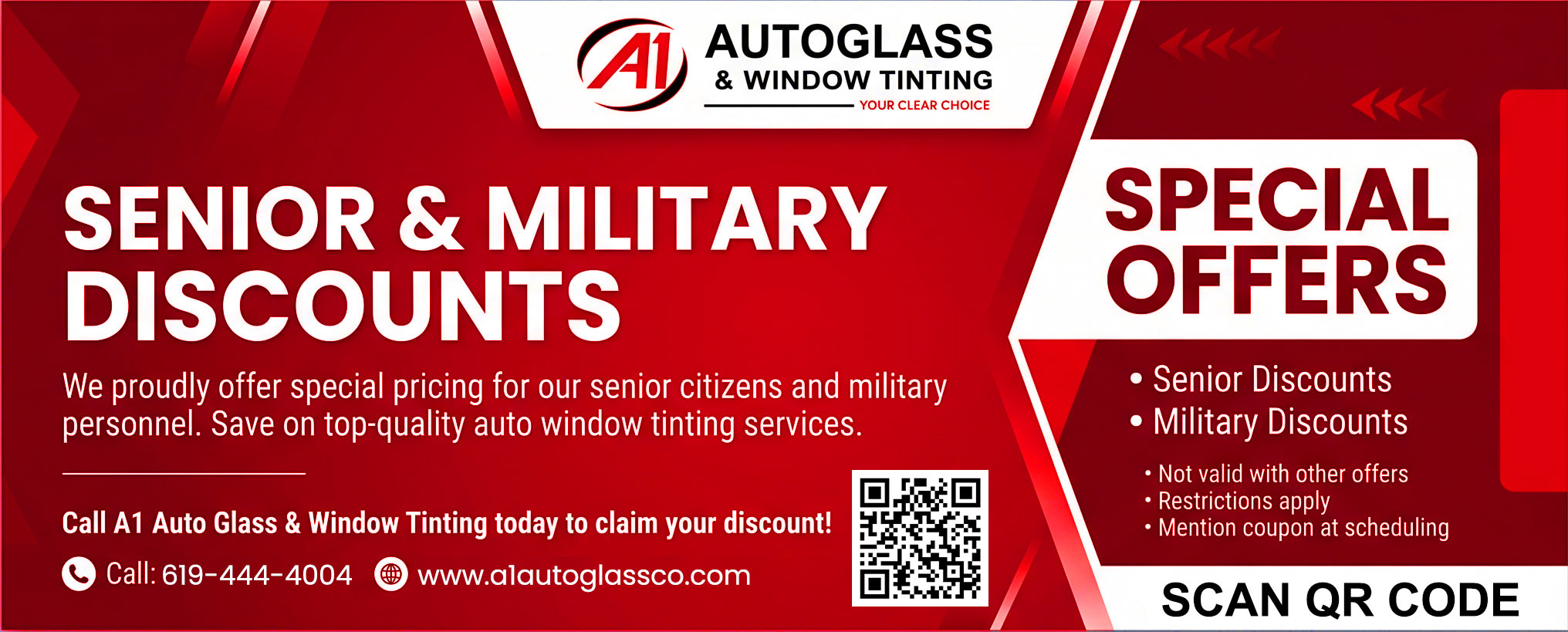 Senior & Military Discounts at A1 Auto Glass & Window Tinting — call 619-444-4004